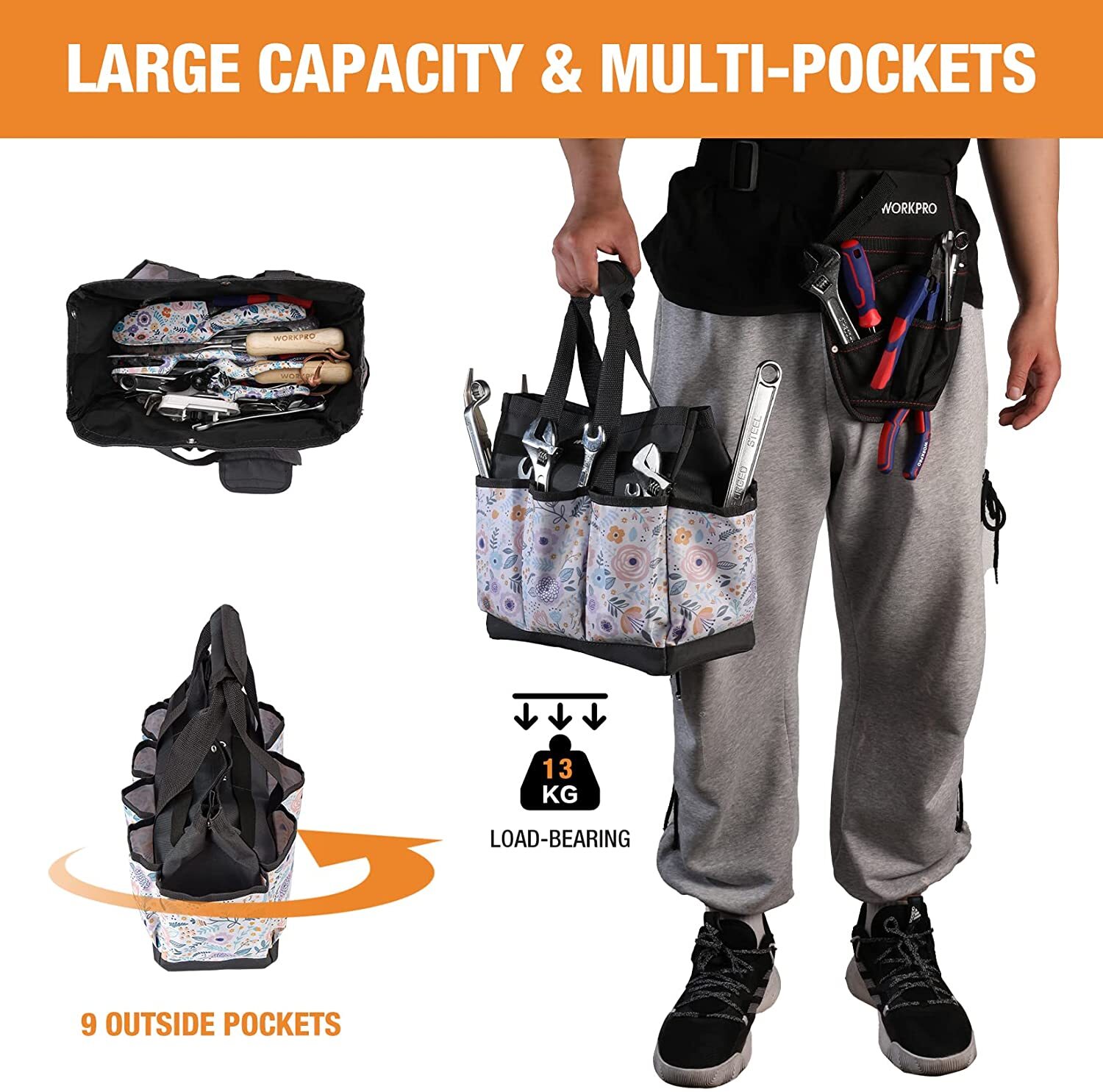 WORKPRO Heavy Duty Garden Tool Bag 9Pocket Oxford Garden Tool Storage Bag Holder