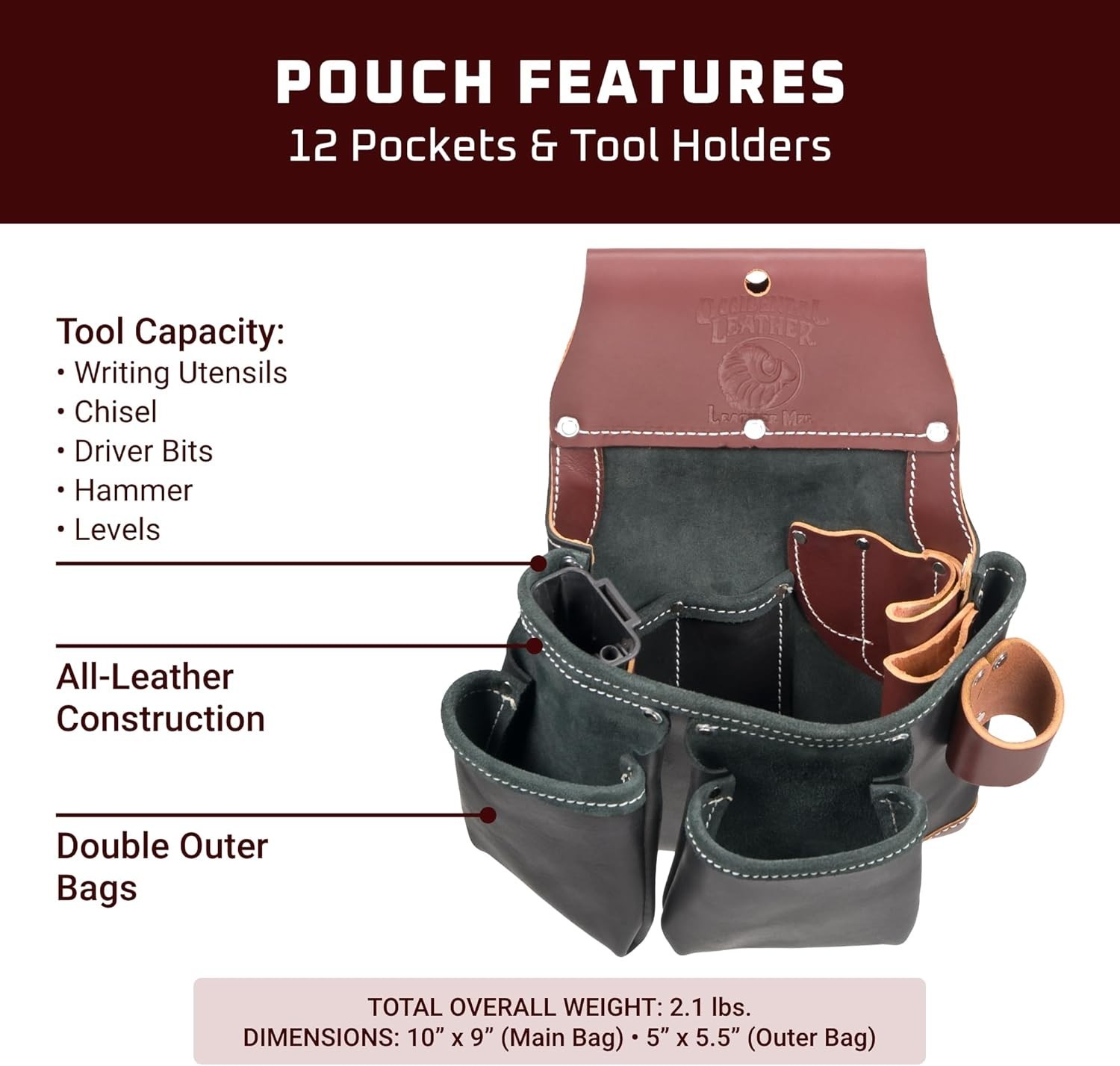 Occidental Leather B5612 12-Pocket Green Building Tool Bag , Black