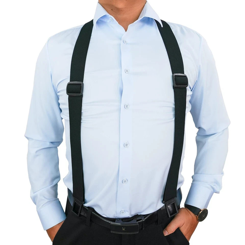 KUNN Men’s 1.5 inch Adjustable Y Back Suspender,Elastic Regular Length, Black