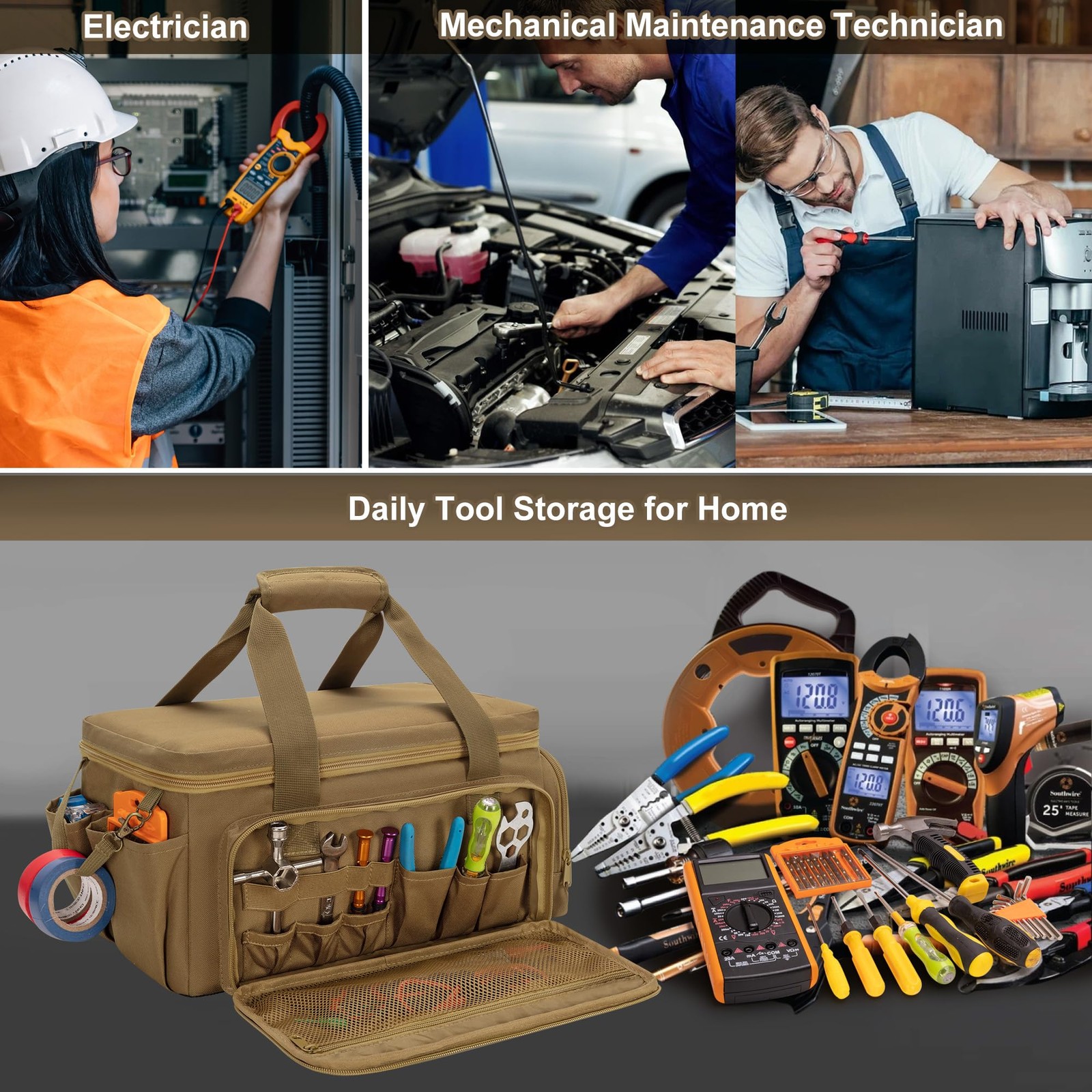 14-Inch Tool Bag with Anti-friction Bottom, Hand Tool Storage Organizer for M…