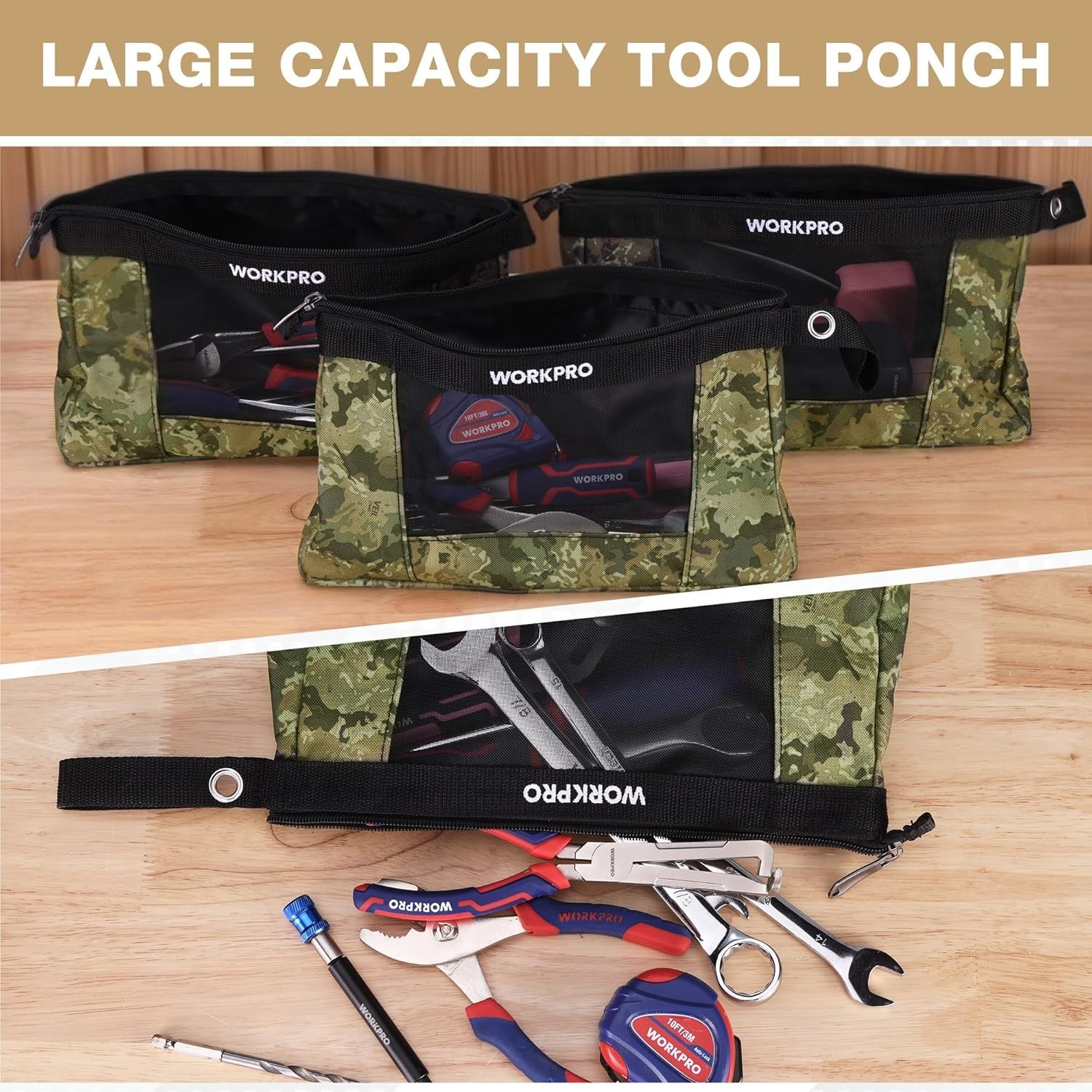 12″ Heavy-Duty Tool Pouches with Zipper – 3 Pack Camo for Ultimate Organization