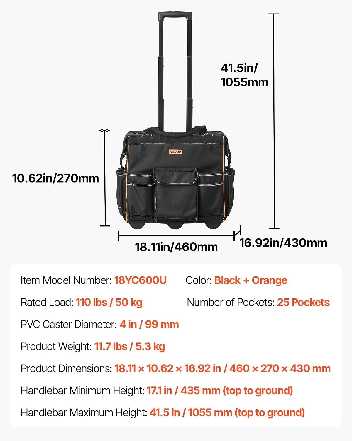 18″ Heavy-Duty Rolling Tool Bag – 25 Pockets, 110lbs Capacity, Water-Resistant