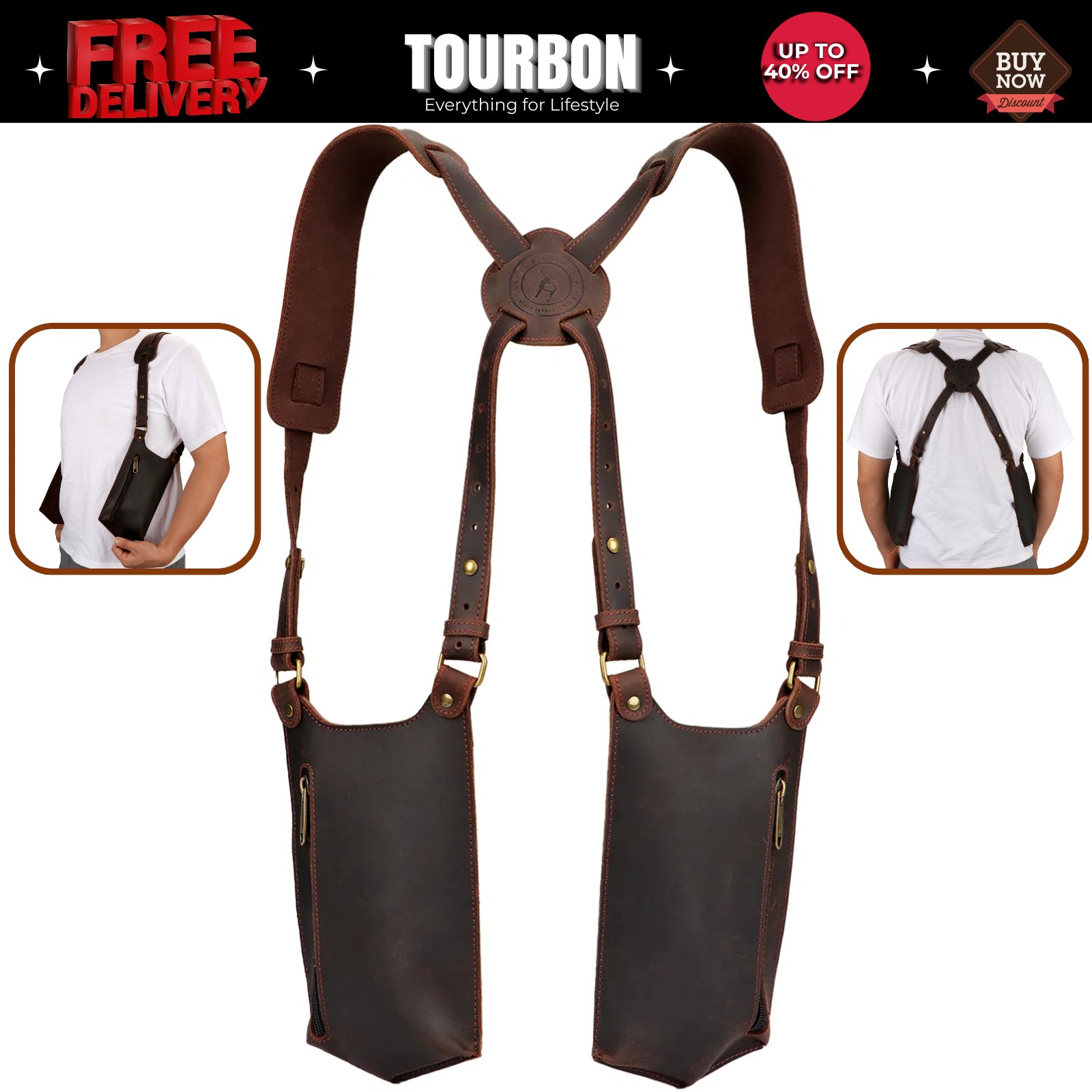Tourbon Leather Double Phone Holster Underarm Shoulder Harness Bag Pouch Case