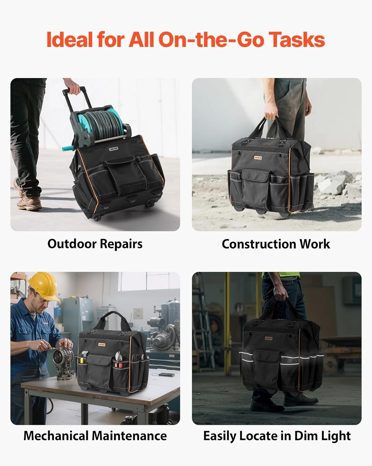 18″ Heavy-Duty Rolling Tool Bag – 25 Pockets, 110lbs Capacity, Water-Resistant