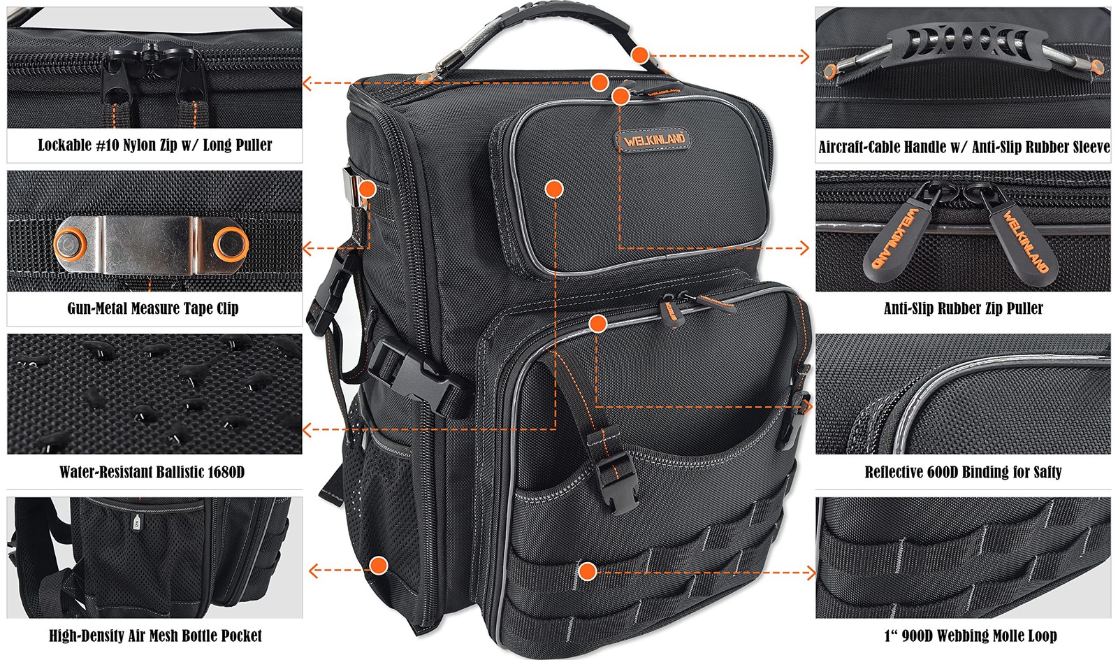WELKINLAND Full-Open Tool backpack, backpack 20-Inch, Black w/ Orange
