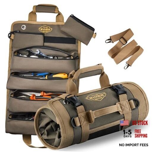 The Ryker Roll Up Tool Bag Organizer Gifts for Dad. Heavy Duty Motorcycle Khaki