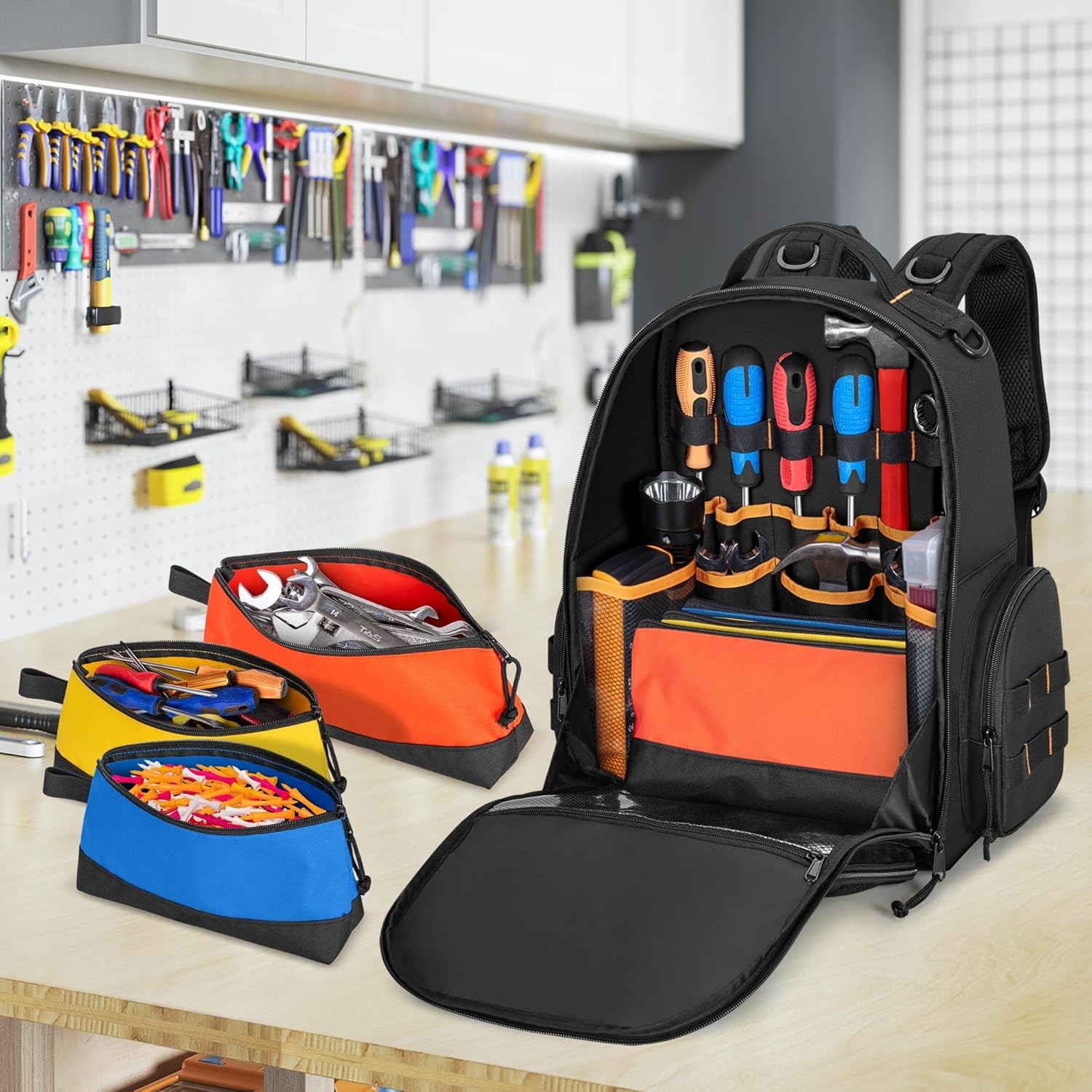 Tool Bag Backpack with 3 Tool Zipper Pouch, Tool Organizer Bag for Men
