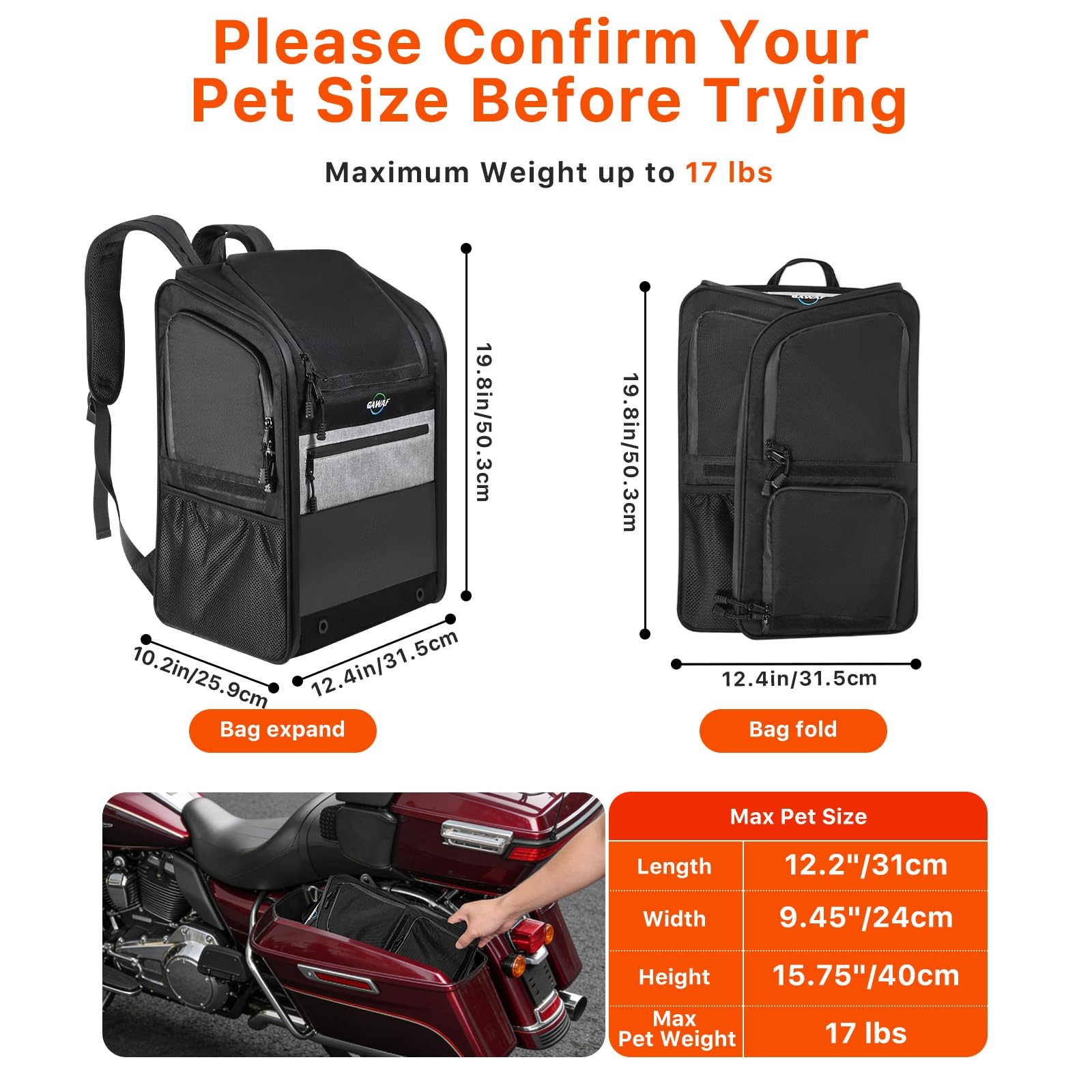 Motorcycle Dog Carrier Bag, 17 Lbs for Small Dog & Cat with Stable Frame, Breath