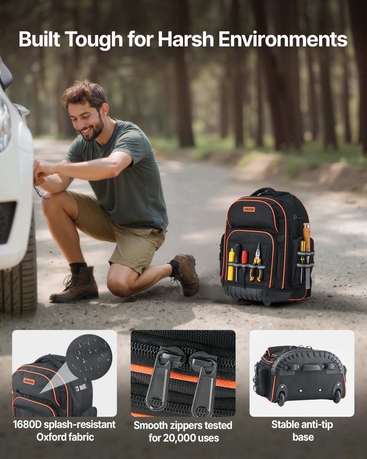 Rolling Tool Backpack 45 Pockets Heavy Duty Tool Bag with Wheels 110LB