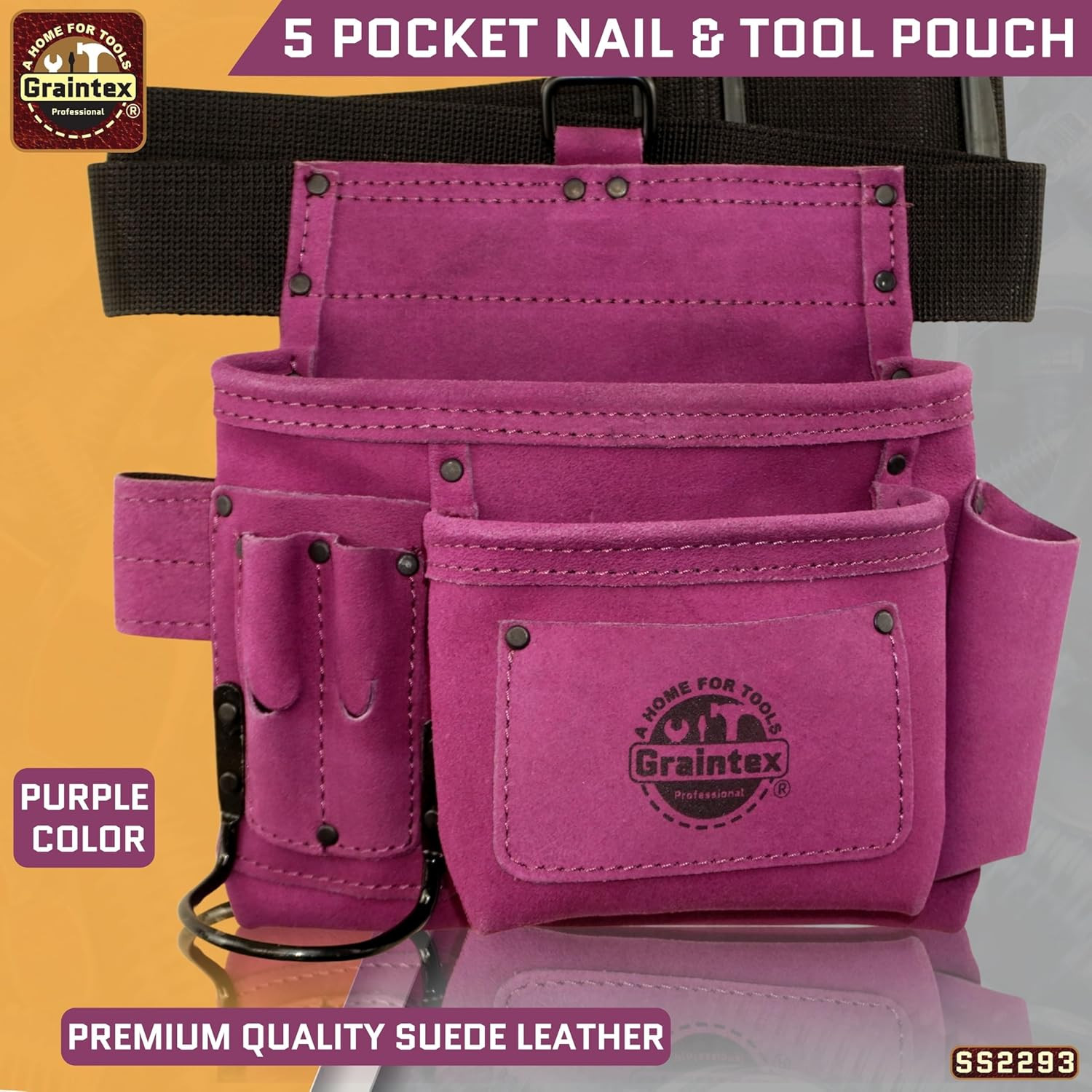 5 Pocket Suede Leather Tool Belt/Bag | Purple | Multipurpose Leather Tool Belt f