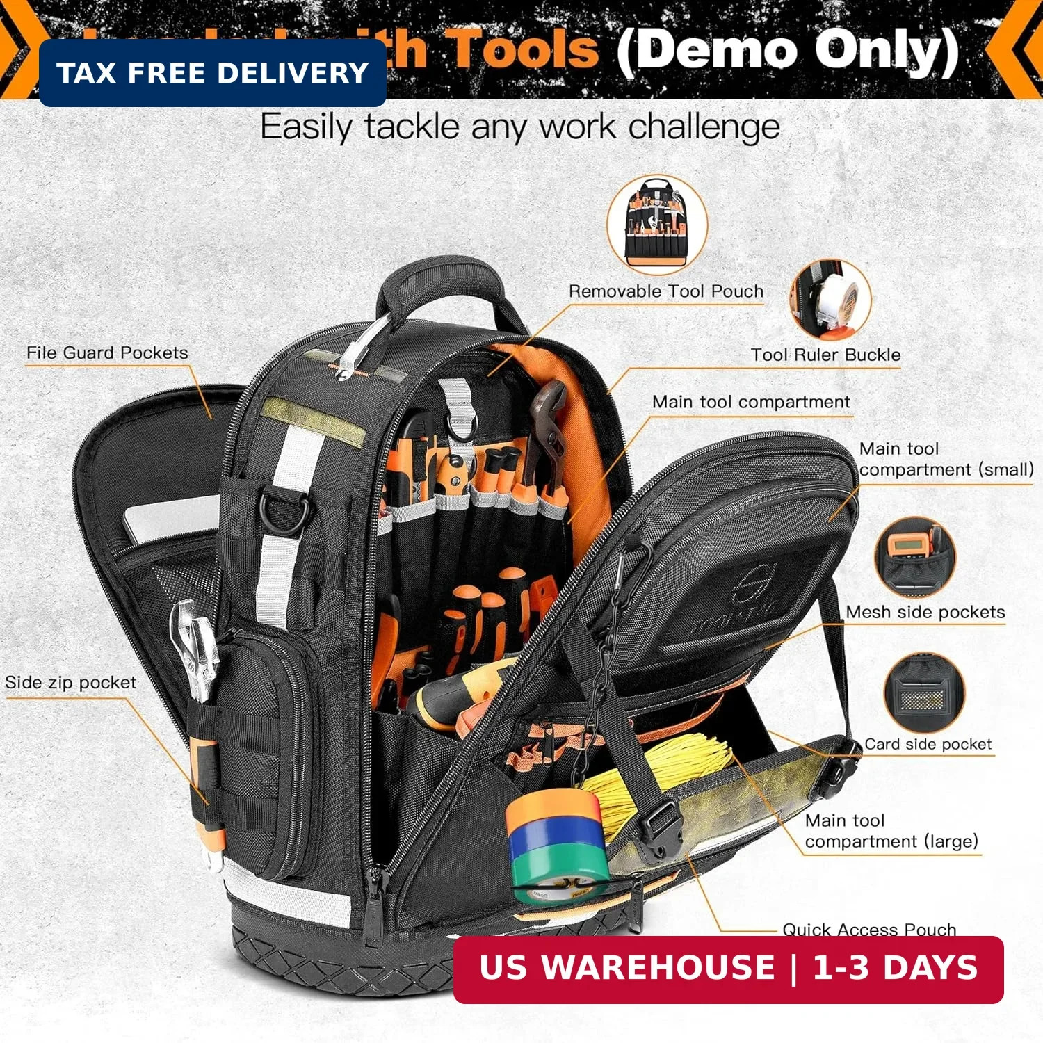 Tool Backpack Bag, HVAC Heavy Duty Construction Tools Backpack for Men, 1680D Pr