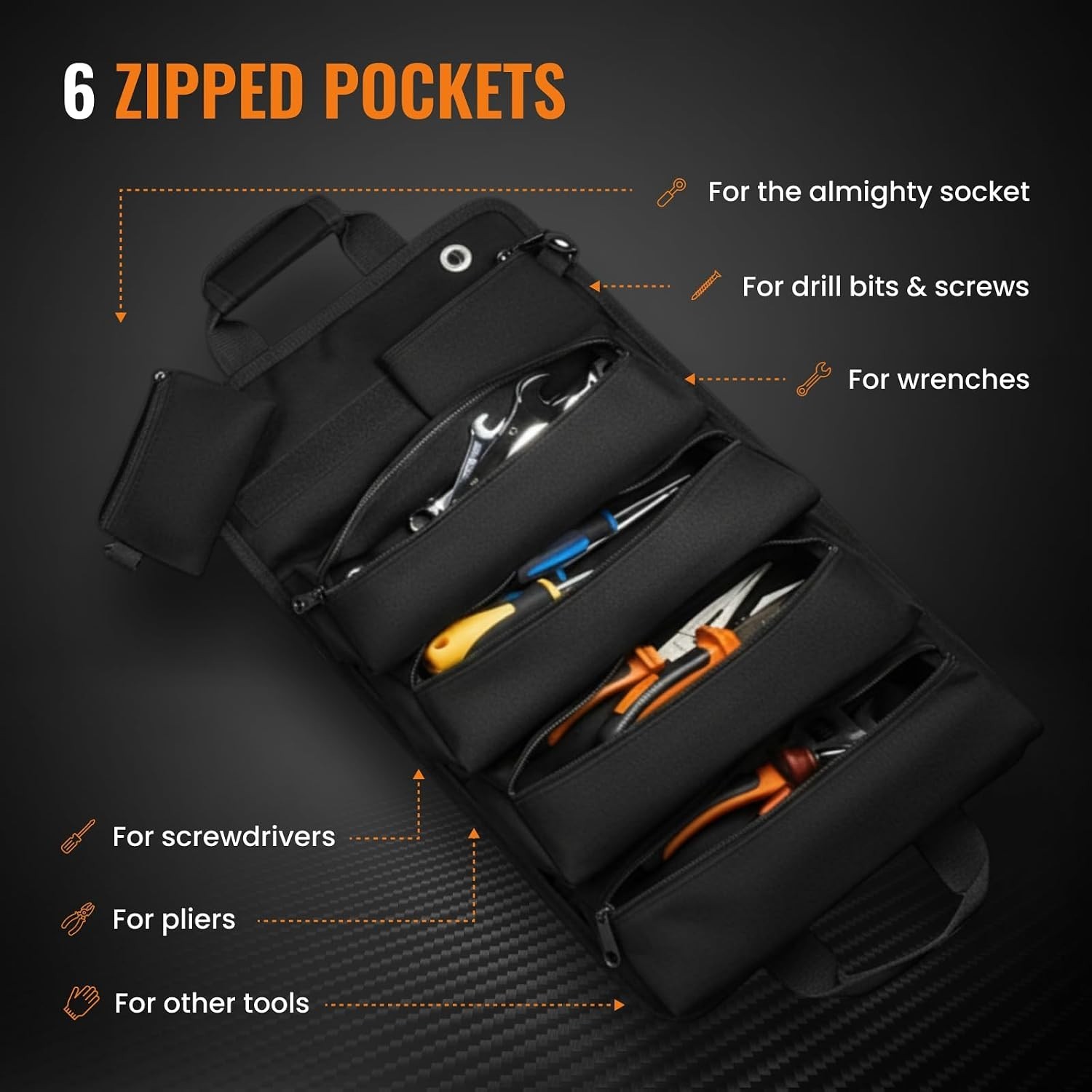 Heavy-Duty Roll-Up Tool Organizer Bag with Detachable Pouches – 19.49″x12.6″