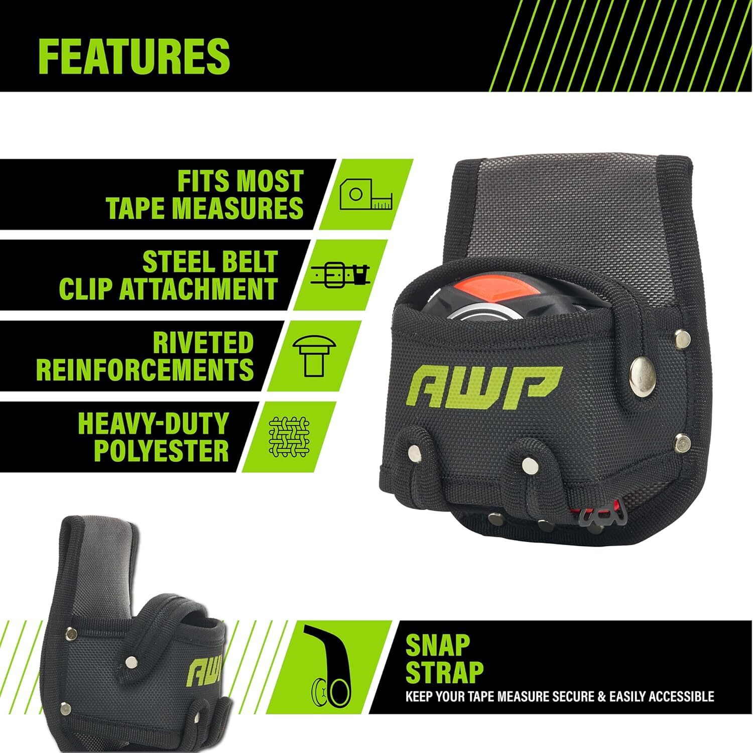 Tape Measure Pouch with Metal Belt Clip and Tunnel Loop, Tool Belt Accessory