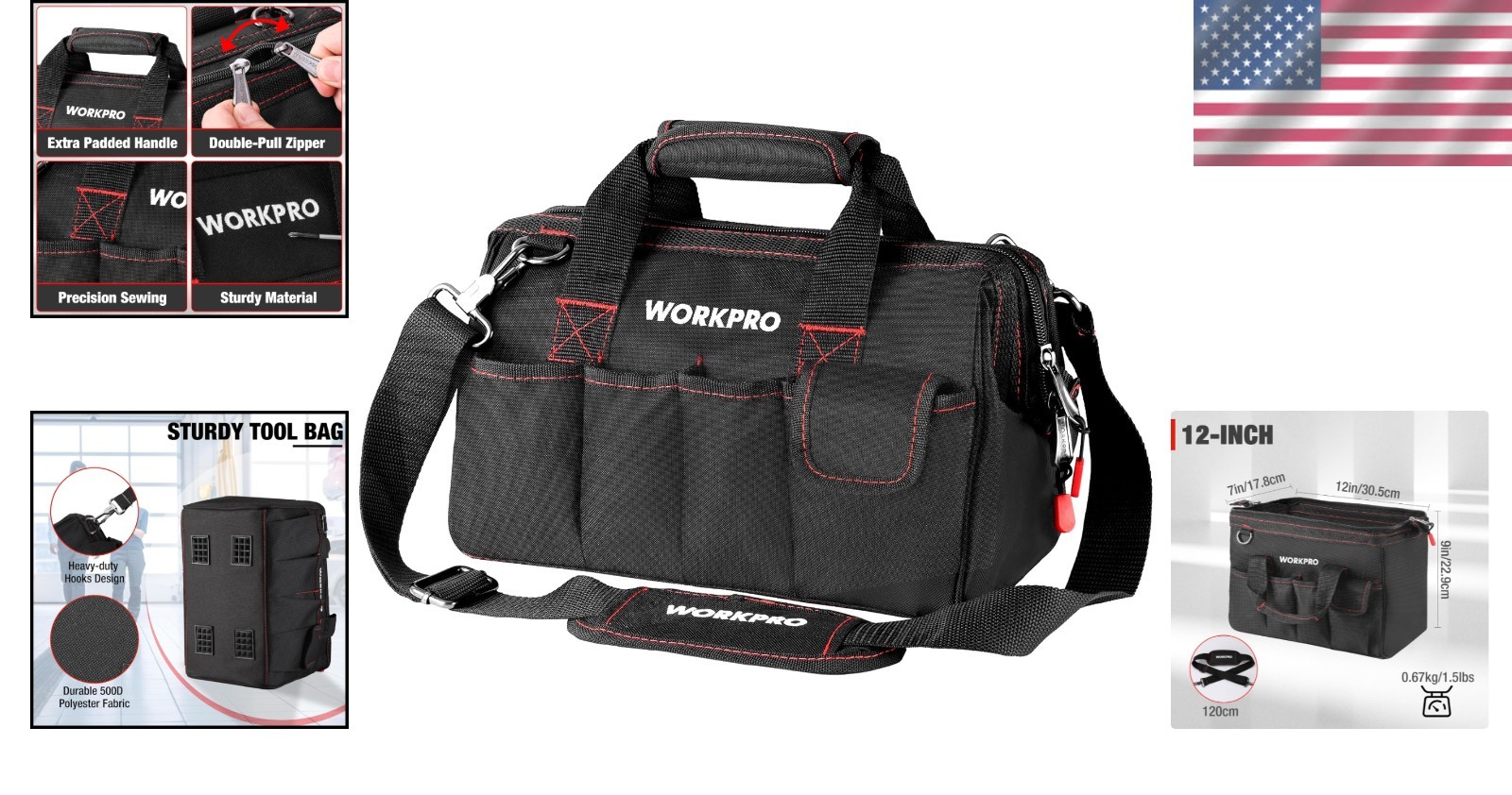 12-Inch Tool Storage Bag with 7 Pockets and Padded Strap for Comfort