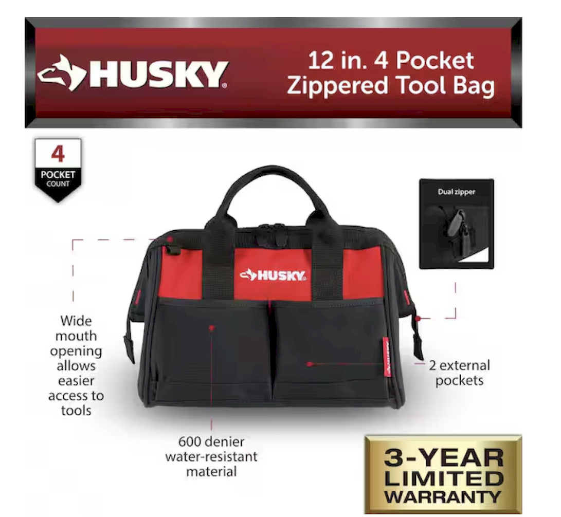 Husky 12 in 4 Pocket Zippered Tool Bag