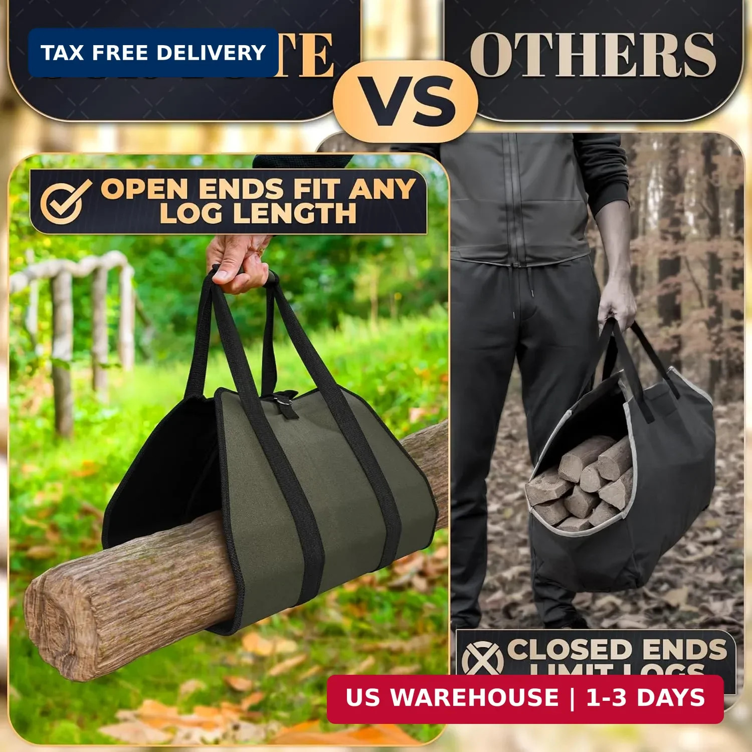 Water-Resistant Firewood Carrier Bag – 39.4″x18.5″ Waxed Canvas Log Carrier for