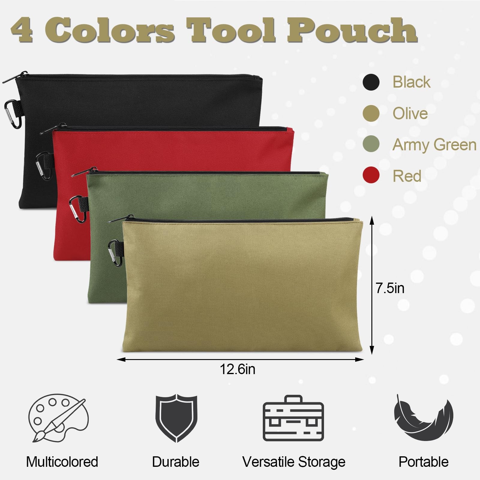 Tool Pouch Bag with Zipper Storage with Carabiner for Tools Stationary 4pk 12″