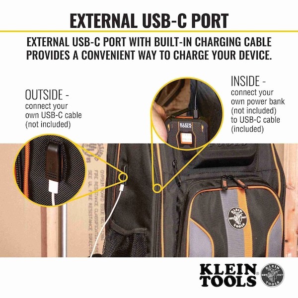 Klein Tools 62805Bptech Tool Backpack, Black/Orange, 1680D Ballistic Weave