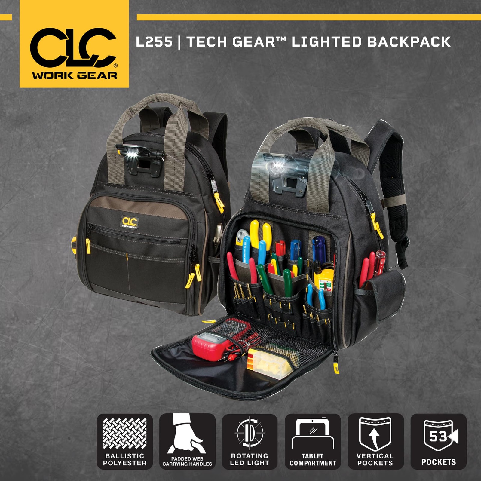 Clc Ercraft L255 Tech Gear 53 Pocket Lighted Backpack Black