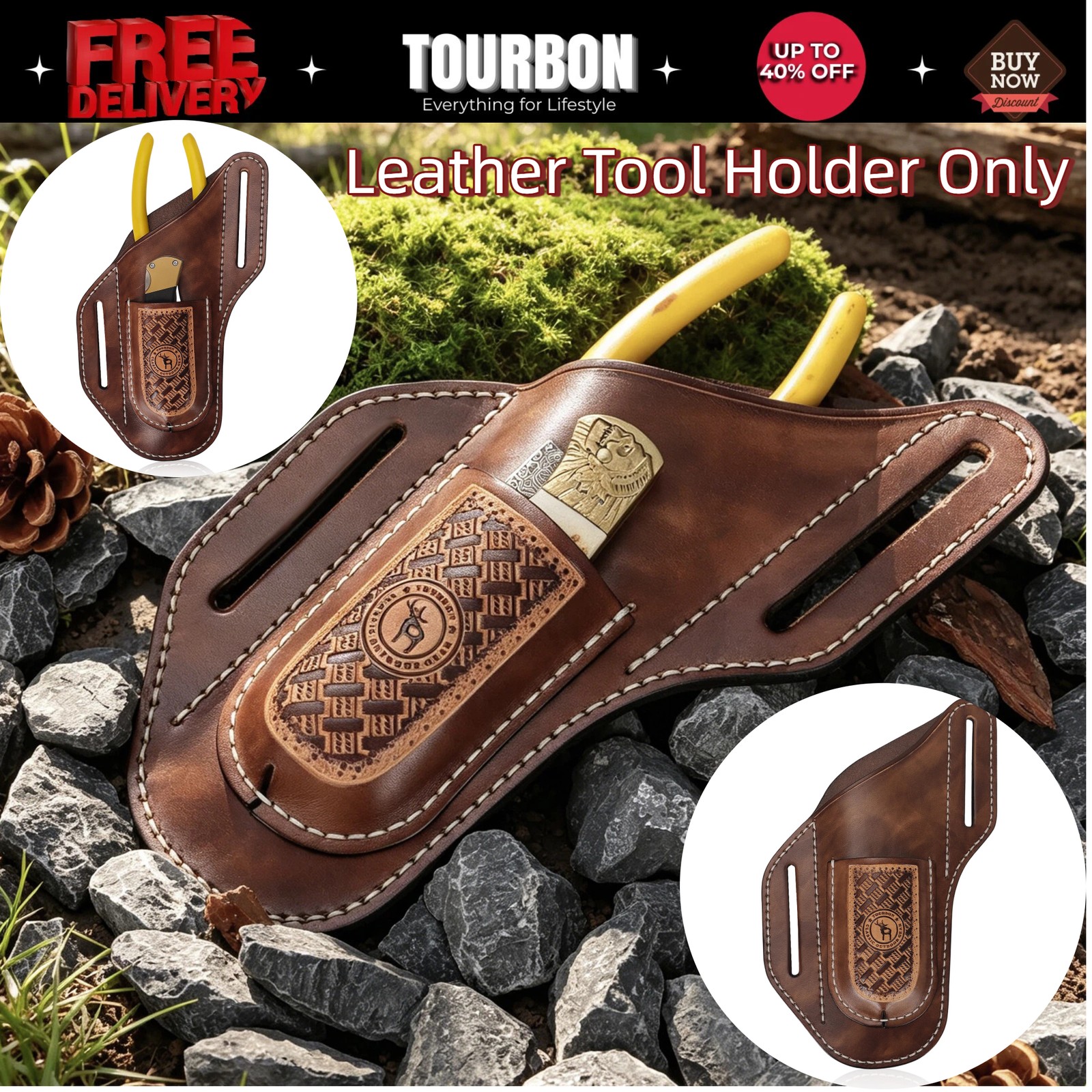 Tourbon Leather 2-in-1 Tool Pouch Folding Knife Pliers Pocket Belt Loop Holster