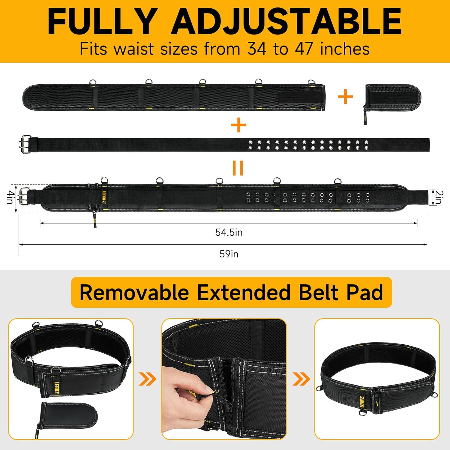 Padded Tool Belt,4-Inch Heavy Duty Tool Belts for Men with 5 Suspenders Ring,Wor