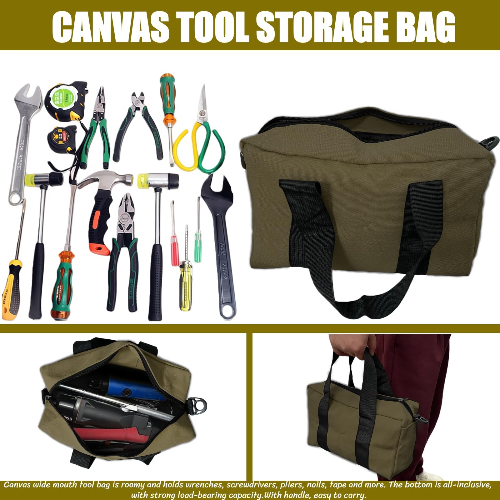 BLIRITEL 20 Inch Army Green Wide Mouth Tool Bag