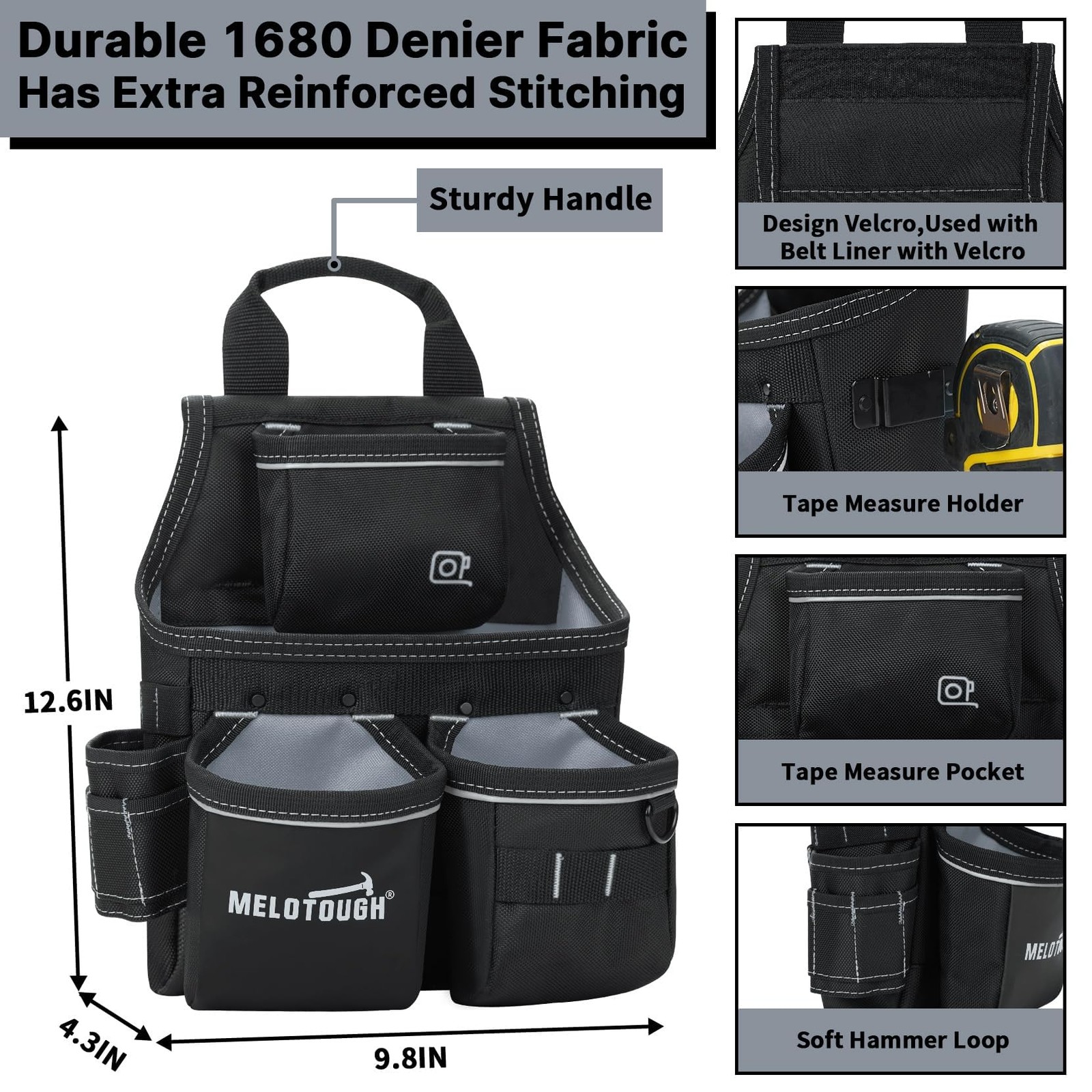 Electrician Tool Pouch with Belt 13 Pocket Tool Bag Construction Black