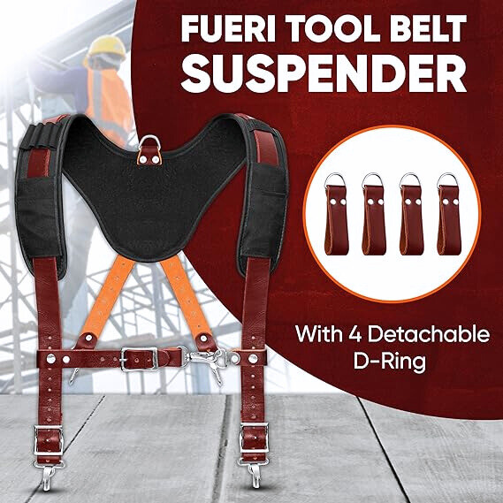Leather Tool Belt Suspenders Padded with 4 Detachable D-Loop for Construction