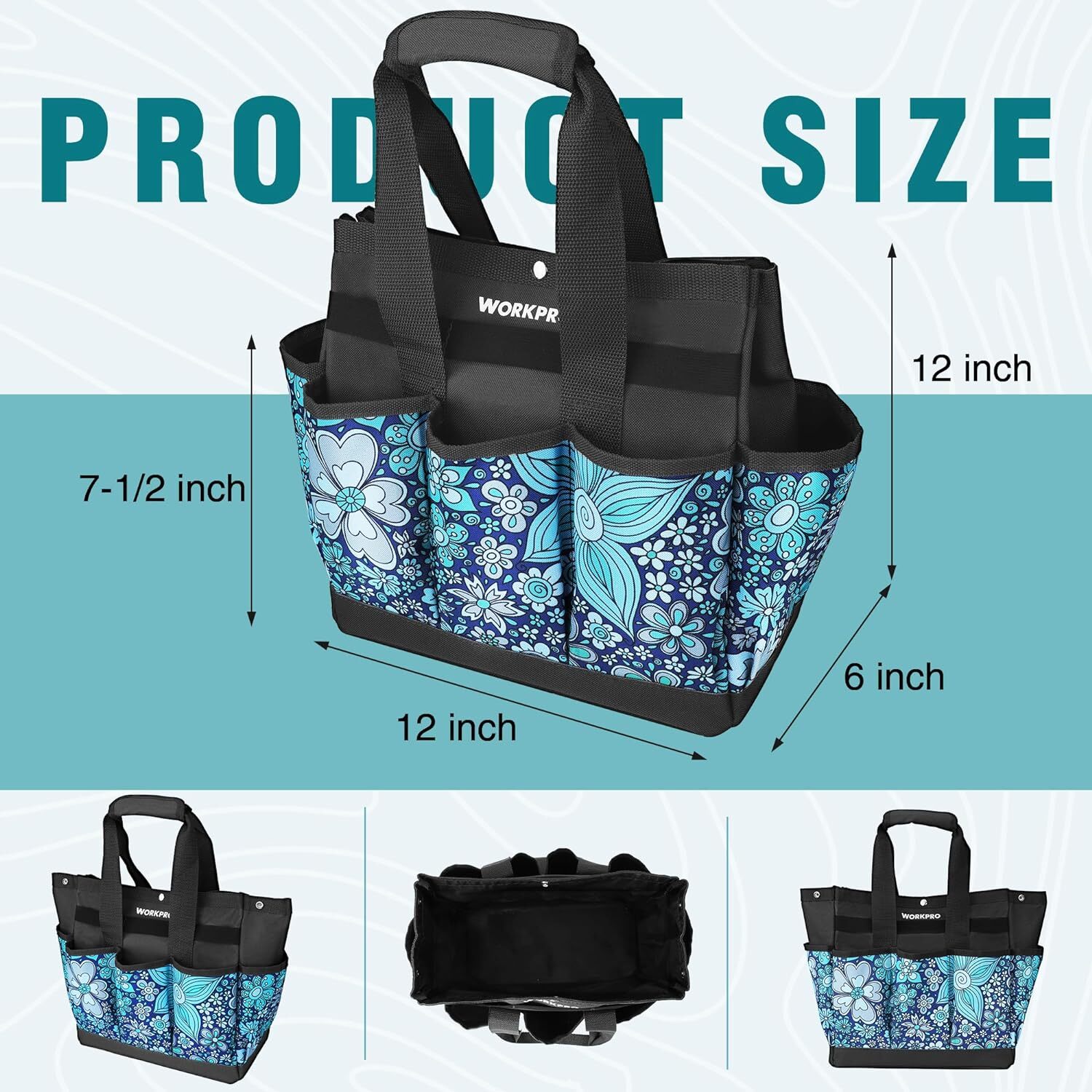WORKPRO Garden Tool Bag, 9 Pockets Garden Tote Bag 12″ x 12″ x 6″ (Floral Blue)