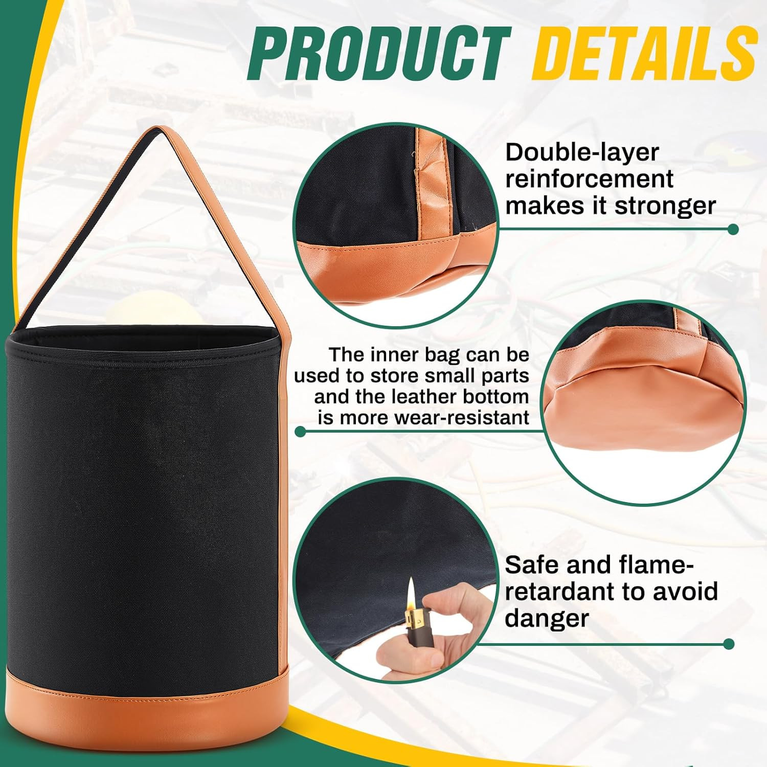 Canvas Bucket Tool Bag 17″ X 12″ Flame-Resistant Tool Bucket Made of No. 4 Canv