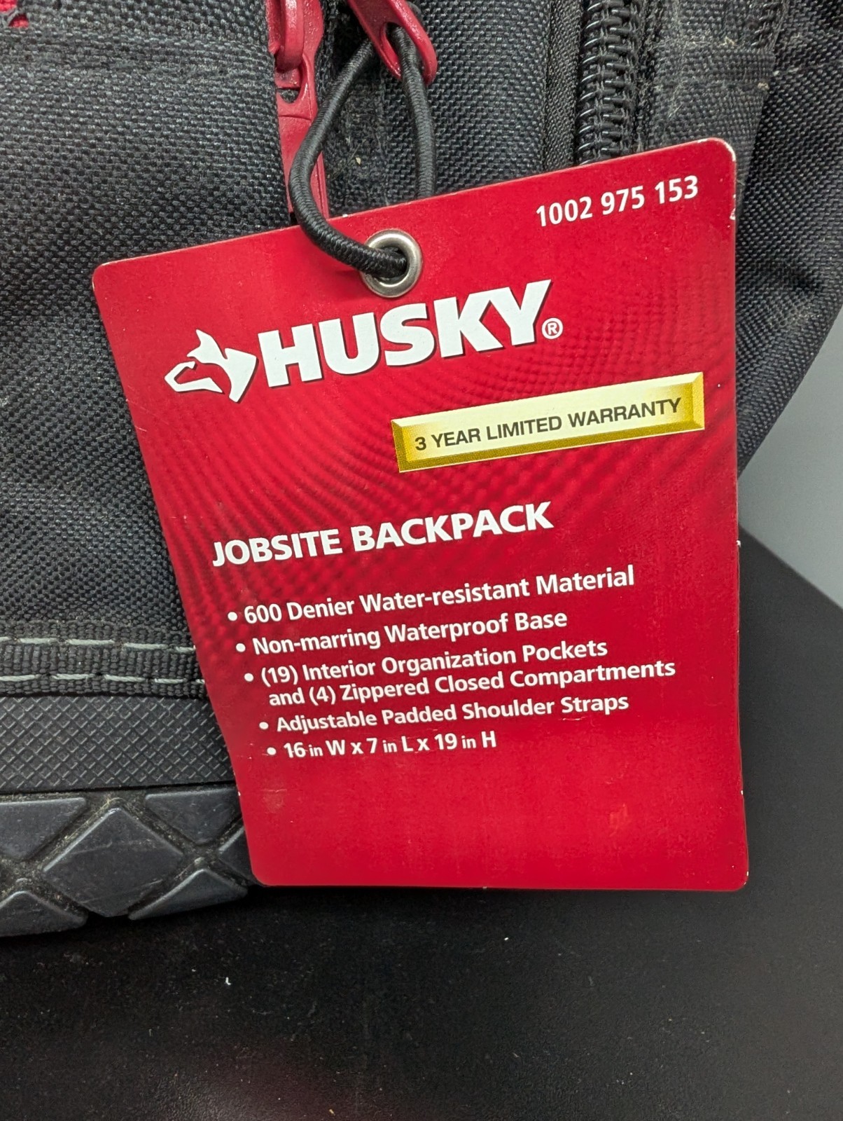 Husky 18” Water-Resistant Jobsite Backpack with Waterproof Rubber Base