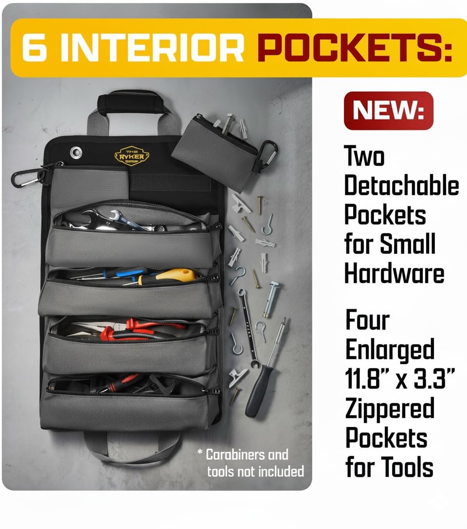 The Ryker Roll Up Tool Bag Organizer Gifts for Dad. Heavy Roll, Black
