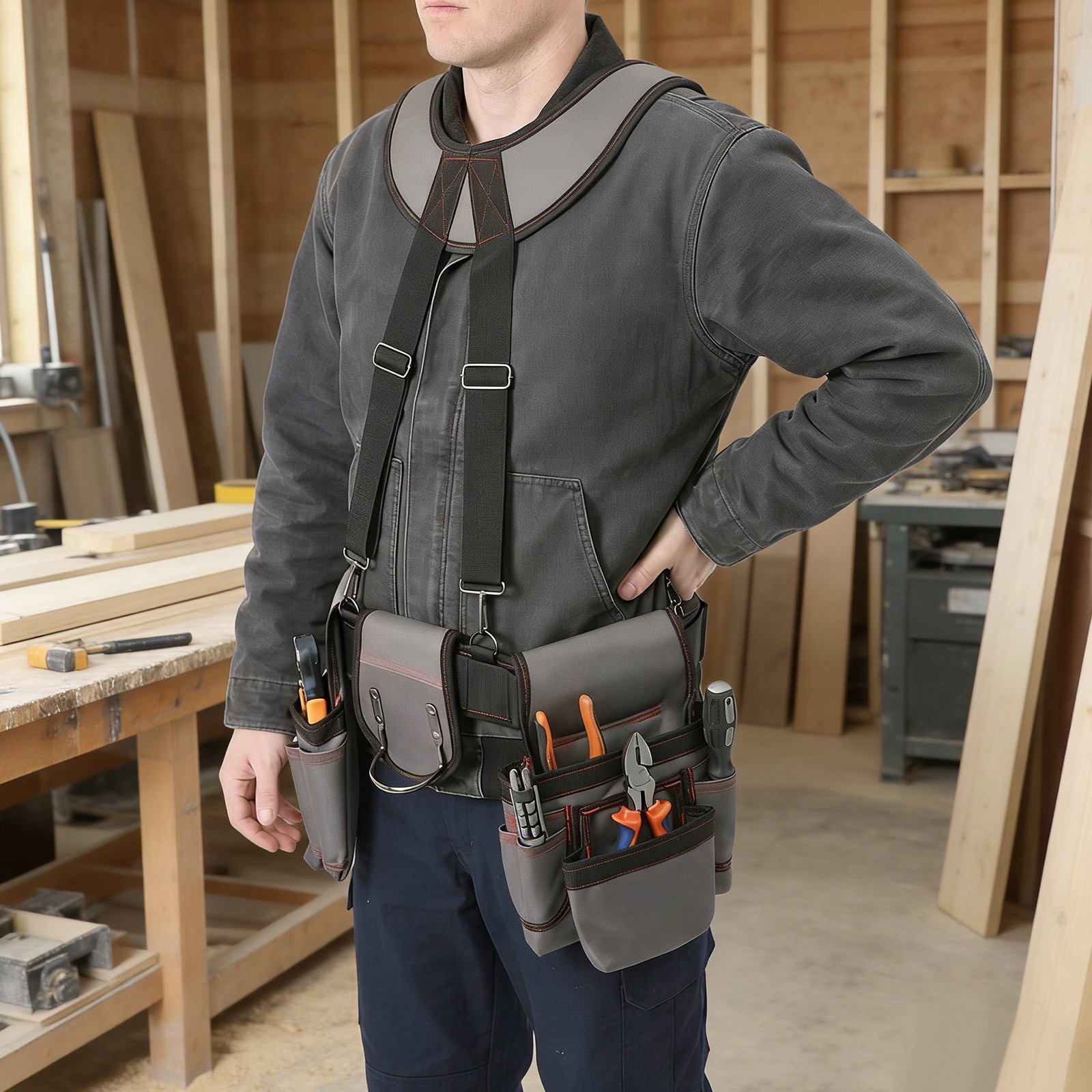 Heavy Duty Tool Bag with Suspenders, Multifunctional Electrician Tool Bag