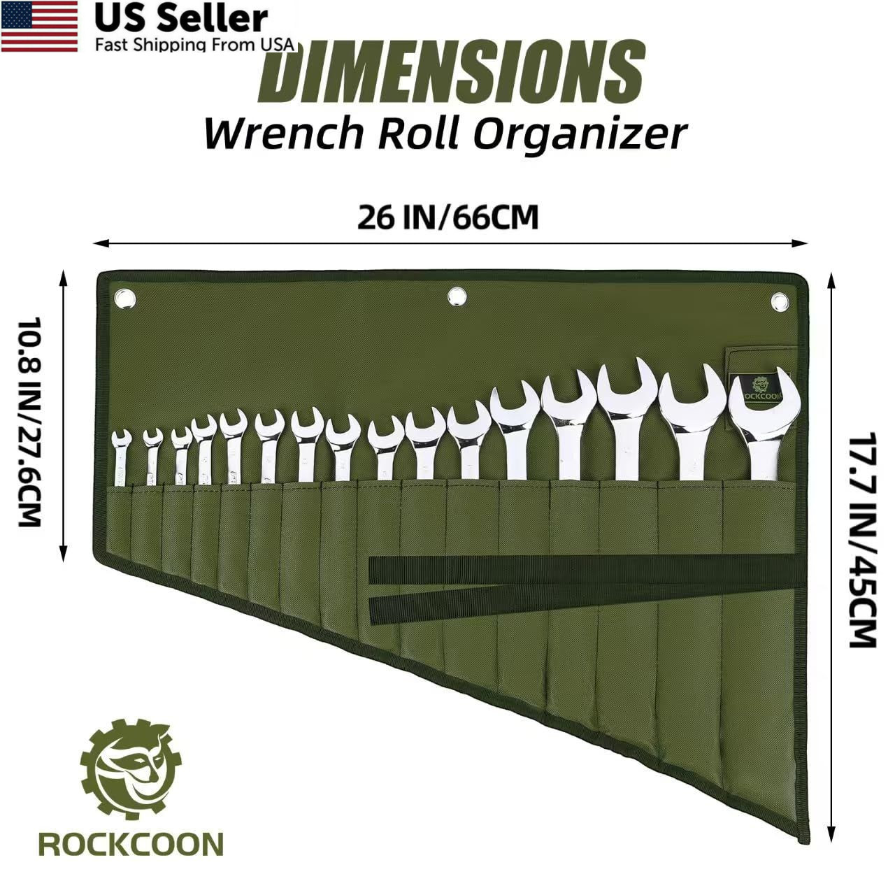 ROCKCOON Wrench Roll Organizer 16 Pockets, Pouch Up with Green
