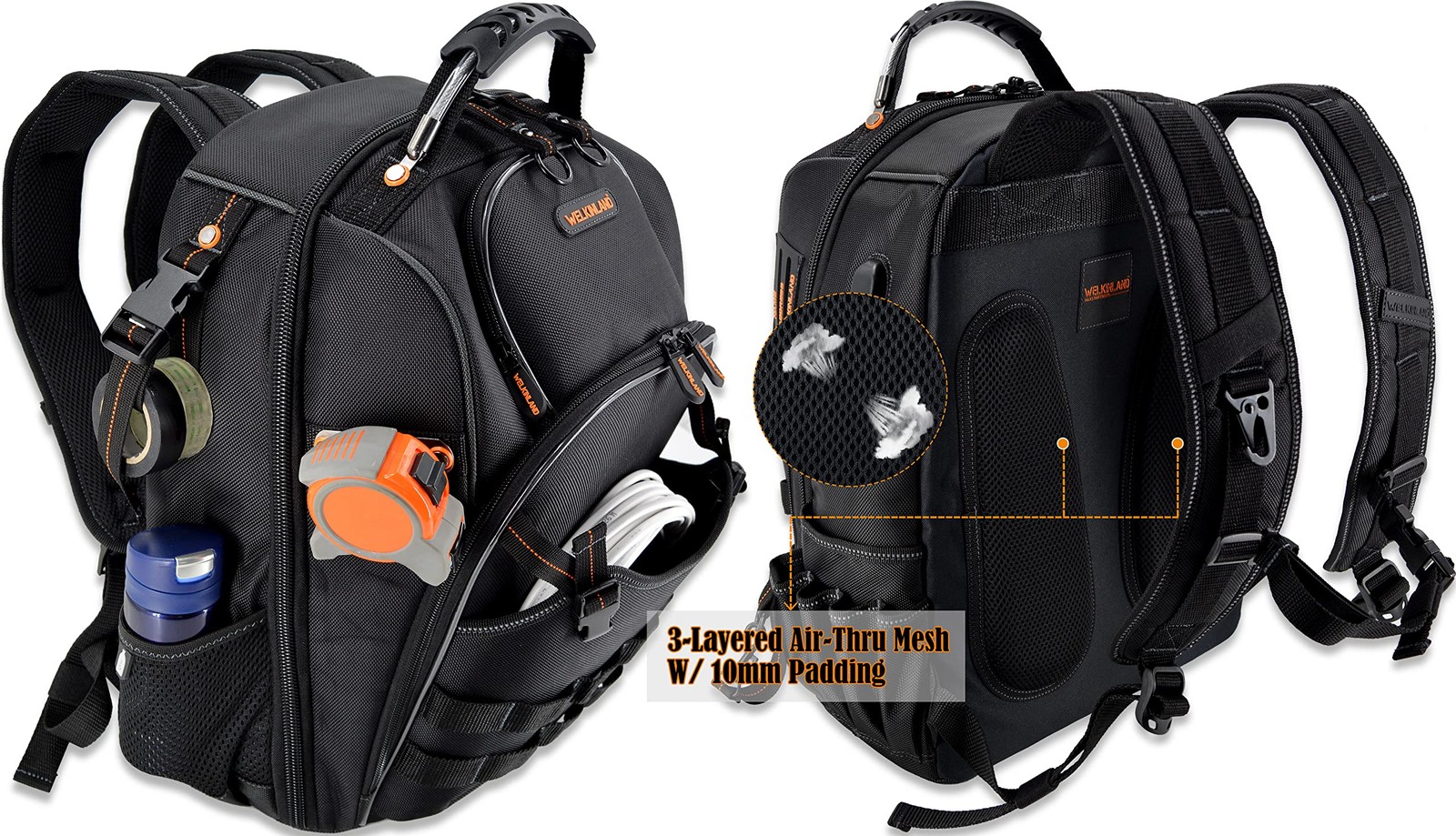 66-Pockets Tool Bag, Heavy-Duty Jobsite back pack for electricians construction