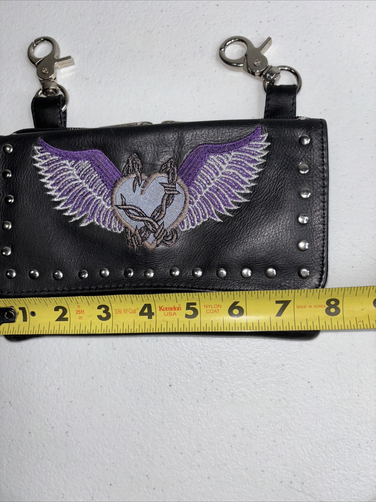 Black Biker Studded Leather Belt Clip Pouch Barbed Wire Heart With Purple Wings