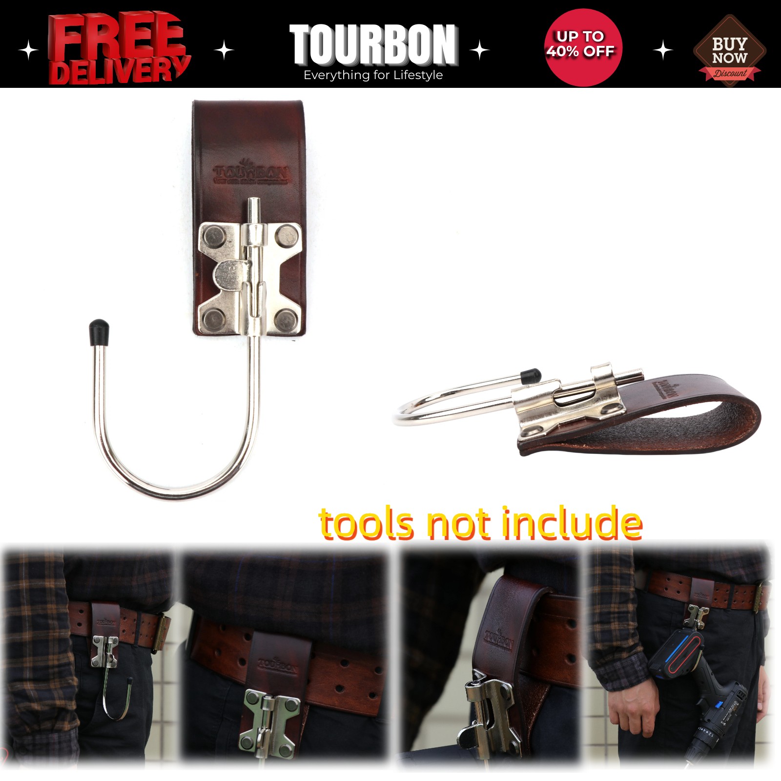 TOURBON Leather Tool Holster J Style Hook Power Drill Holder fit 3″ Width Belt