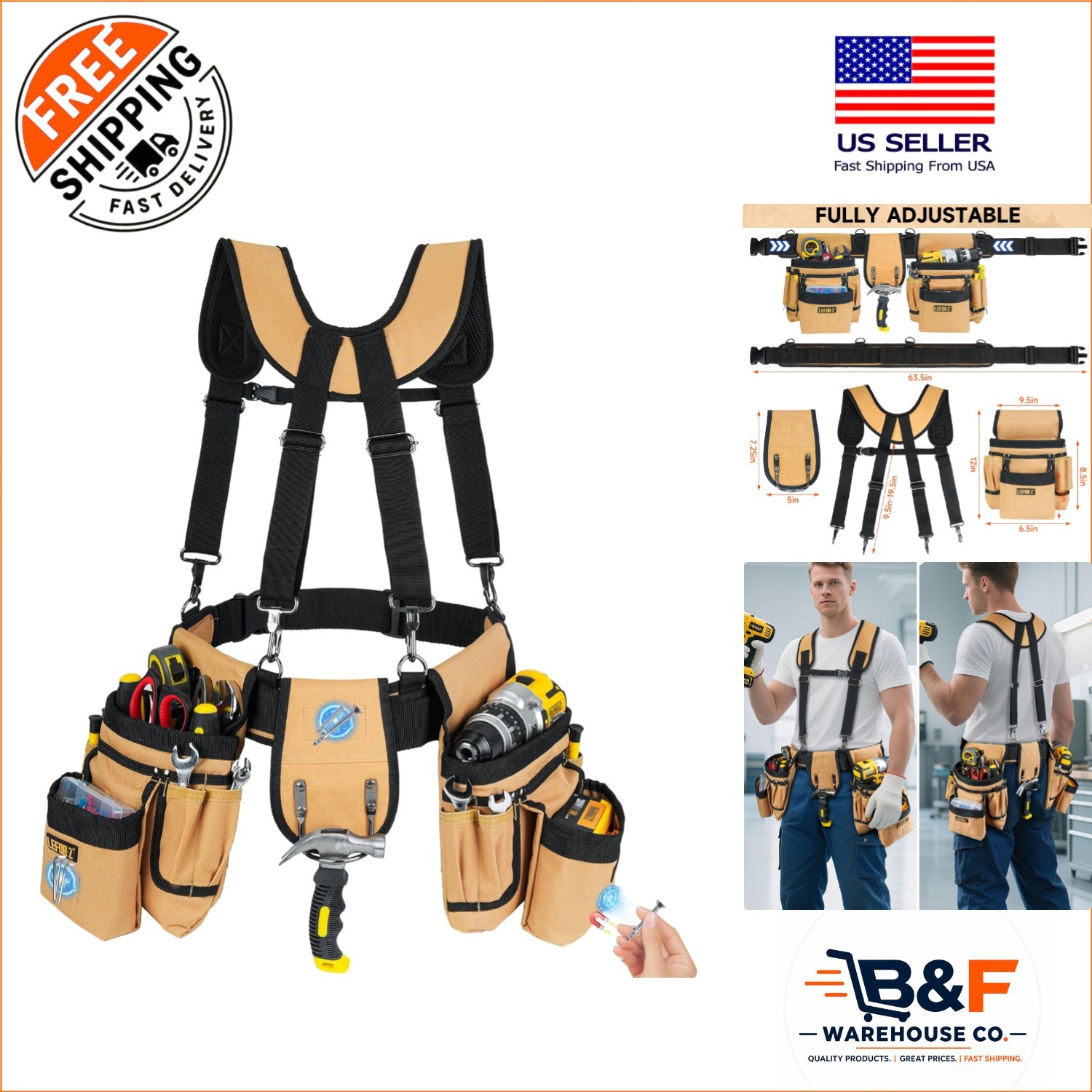 27-Pocket Heavy-Duty Tool Belt with Suspenders – Adjustable & Detachable, Brown