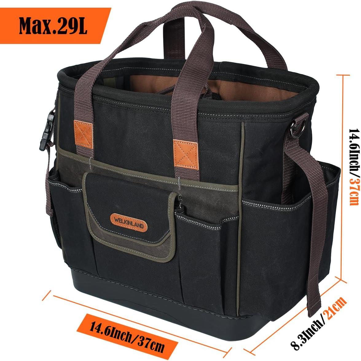 WELKINLAND 50-Pocket Electrician Tool Tote, Large Hard Bottom Tool Bag, Waxed-Ca