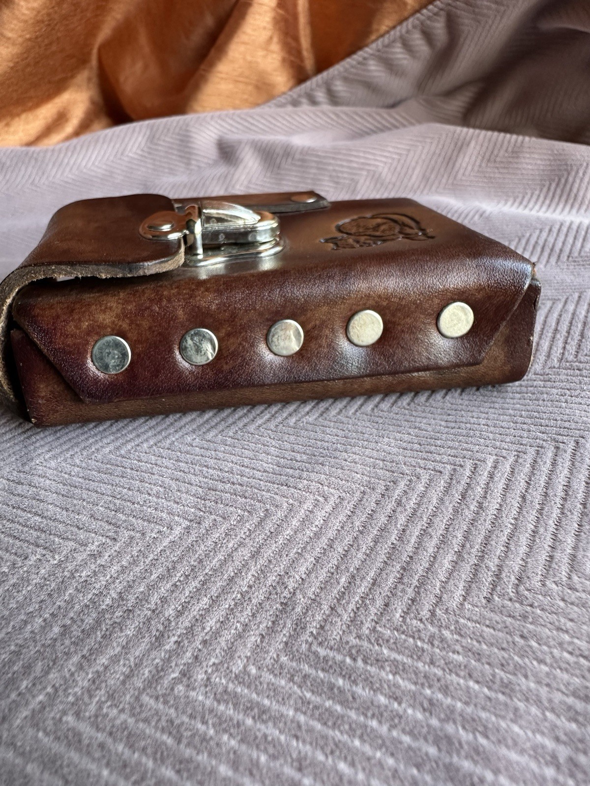 Brown Leather Pouch w/ Belt Loop, Snap Flap Closure, Embossed Cat
