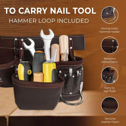 Leather Tool Belt Pouch Bag, 12-Pocket Extra Large Tool Belt, Fits 28″–40″ Waist