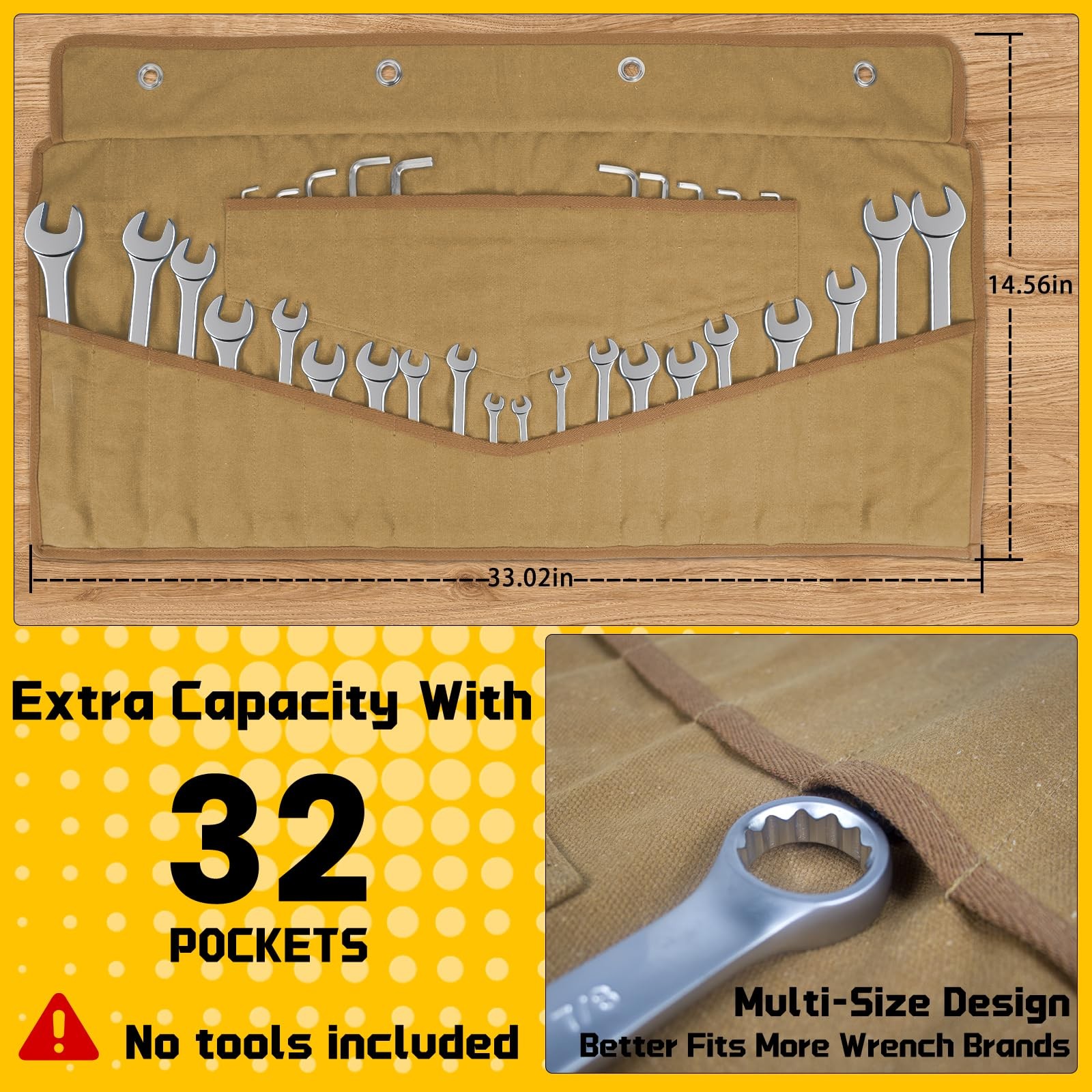 Wrench Roll 32 Pockets, Heavy-Duty 16 oz. Waxed Canvas Wrench Roll Up Bag Hol…