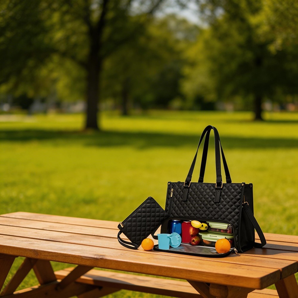 Quilted Laptop Tote Bag for Women with Insulated Lunch Compartment 15.6 Inch