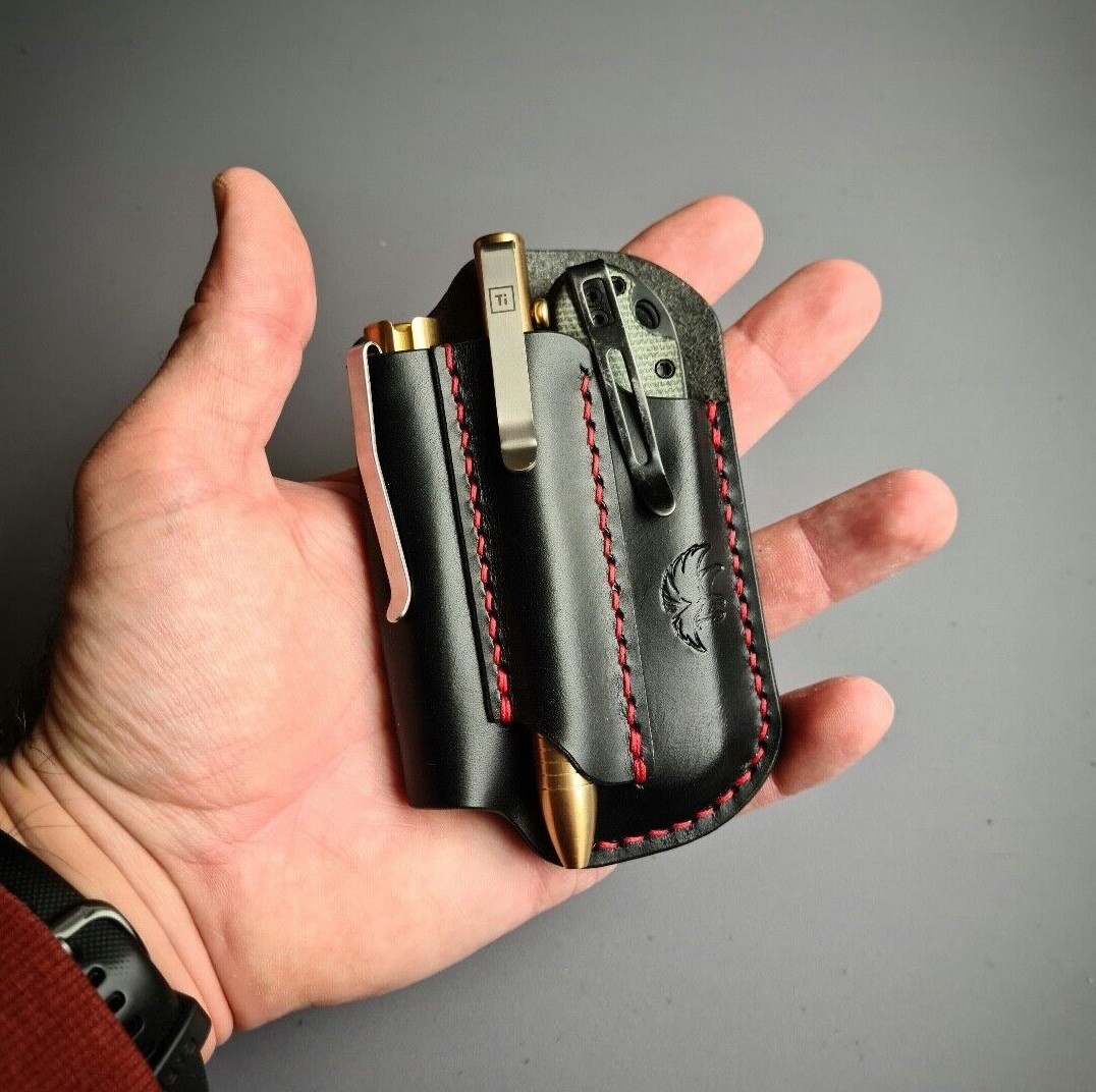 Handmade Leather Edc Pocket Organizer, Flashlight, Pen and Knife Leather Sheath