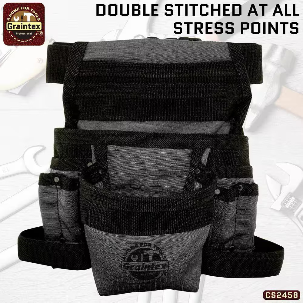 10-Pocket Black Canvas Finisher Tool Pouch with Belt