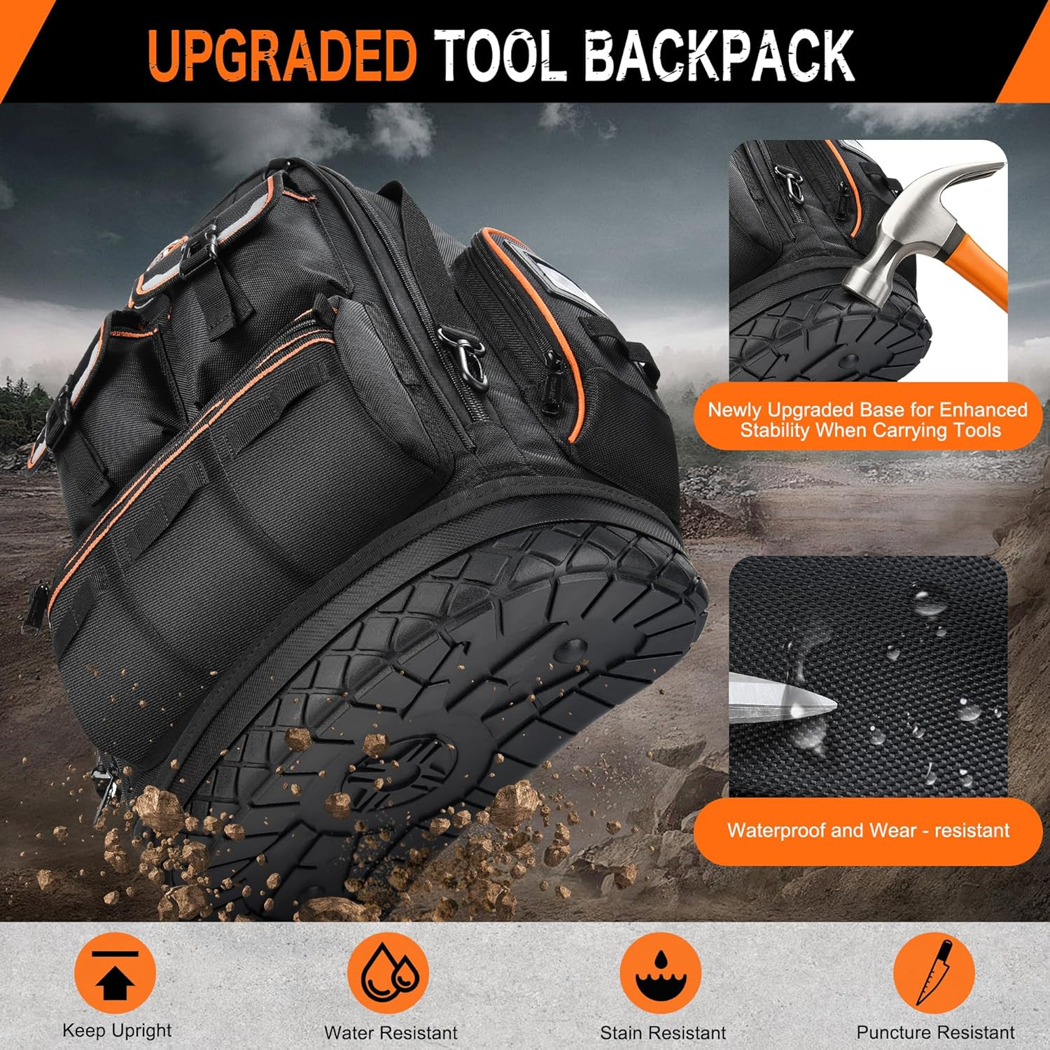 Tool Backpack Heavy Duty with Molded Bottom, 1680D 56-Pocket Tool Bag Organizer