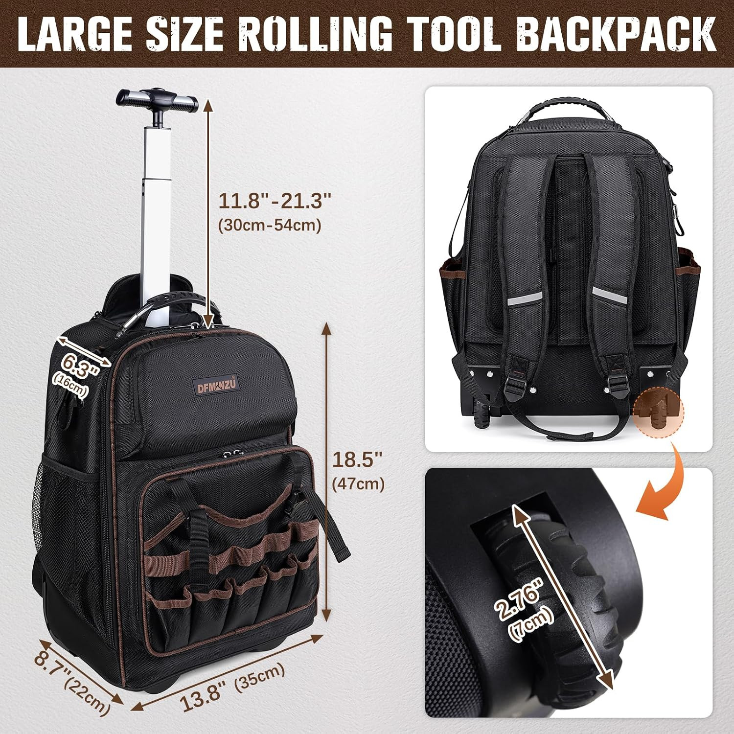 Rolling Tool Backpack Heavy Duty, 43 Pockets Tool Backpack with Wheels, Rolling