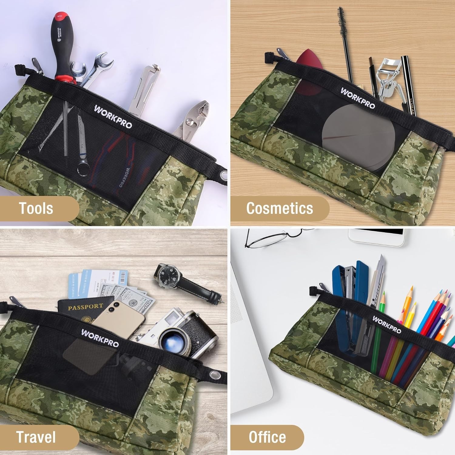 12″ Heavy-Duty Tool Pouches with Zipper – 3 Pack Camo for Ultimate Organization