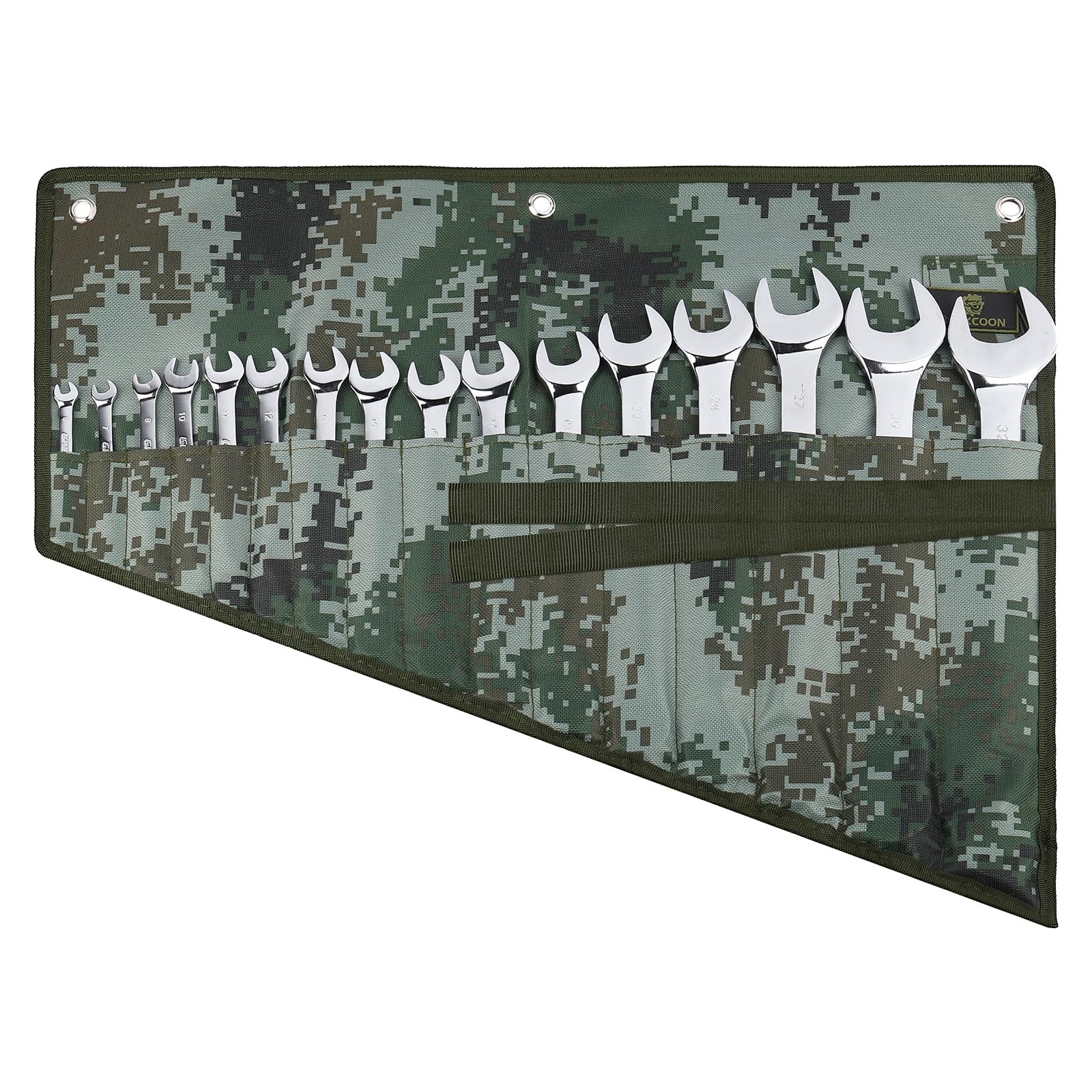 ROCKCOON 16 Pocket Wrench Roll Organizer, Rolled 19 inches, Dark Camouflage