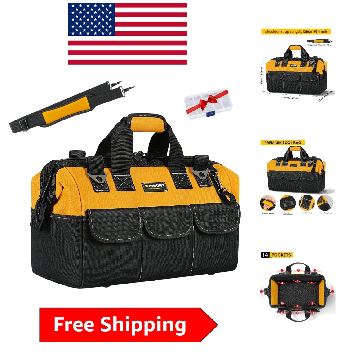Versatile 18 Inch Tool Bag – 14 Pockets, Adjustable Strap, Perfect for Transport